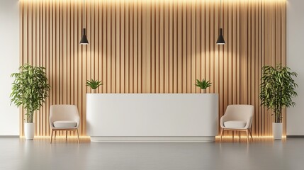 Modern reception desk in a light, minimalist interior with wooden wall panels and potted plants