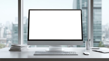 Fototapeta premium Modern Office Desk: A sleek computer setup with a blank screen sits on a minimalist desk, bathed in natural light from a large window that offers a stunning view of a cityscape.