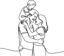 The artwork features a father carrying a young child on his shoulders while standing close to the mother 