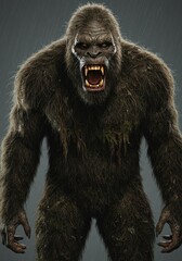Fototapeta premium A realistic full-body image of an enraged Bigfoot in the rain, glowing eyes, bared teeth, tongue out, on a gray background. 