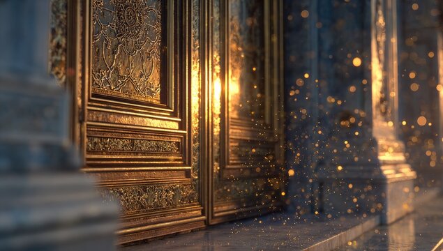 Ornate golden doors bathed in warm sunlight, dust motes floating in the air