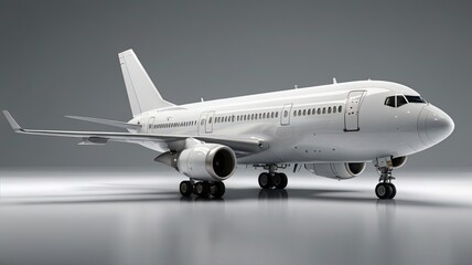 Obraz premium Sleek white commercial airplane with powerful jet engines and landing gear poised for takeoff against a clean, modern studio backdrop