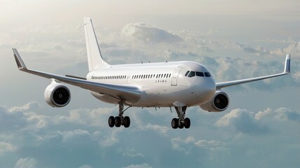 Obraz premium Stunning white passenger jet soaring majestically through a sky filled with soft, ethereal clouds, ready for its next journey.