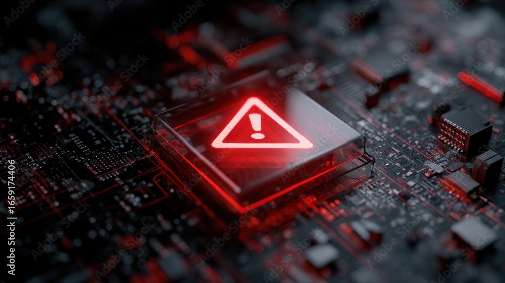 Poster cybersecurity alert: a stark and dramatic close-up showcases a lit-up warning sign on a computer mic
