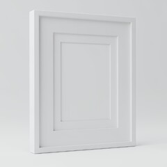 A clean, modern white square picture frame with a mat stands upright on a minimalist white background, ready for your artistic display.