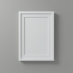 A pristine white rectangular picture frame, featuring a clean mat, hangs vertically on a smooth gray wall, ready for personalized display.
