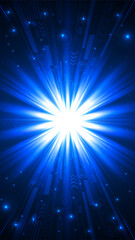 Abstract blue digital background and light white rays in the center. Suitable for smartphone wallpaper, technology template, business design vertical banner. Not an AI work.