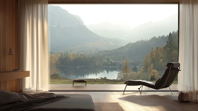Modern cabin with panoramic lake and mountain view