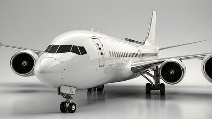 Sleek, modern passenger jet poised for takeoff, showcasing powerful engines and aerodynamic design against a clean studio backdrop, symbolizing global travel and efficiency.