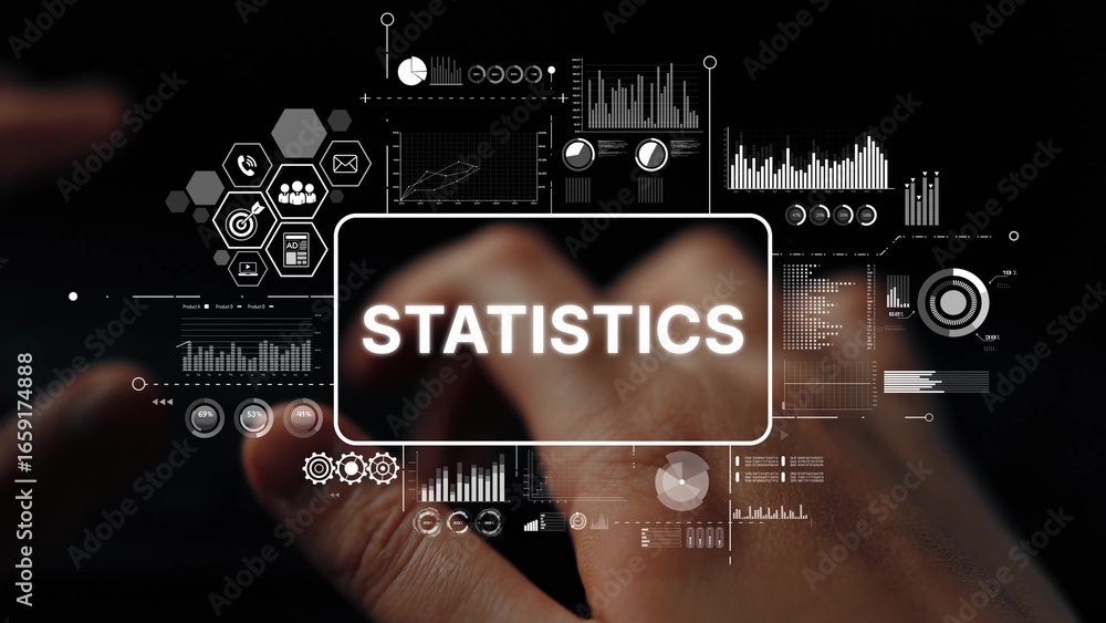 Poster statistical analysis and data visualization with infographics and graphs on a dark background. asymp