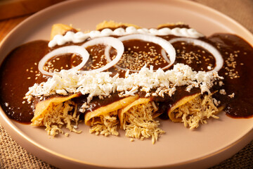 Enmoladas. Also known as mole poblano enchiladas, they are a typical Mexican dish that is very popular in Mexico and the rest of the world.