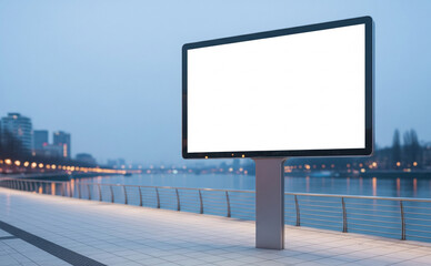 Digital Billboard Beside Riverside Promenade Under Soft Ambient Lighting