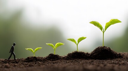 Fototapeta premium Investment and growth concept with a businessman figure and green sprouts in soil, illustrating the steps to financial success and corporate development