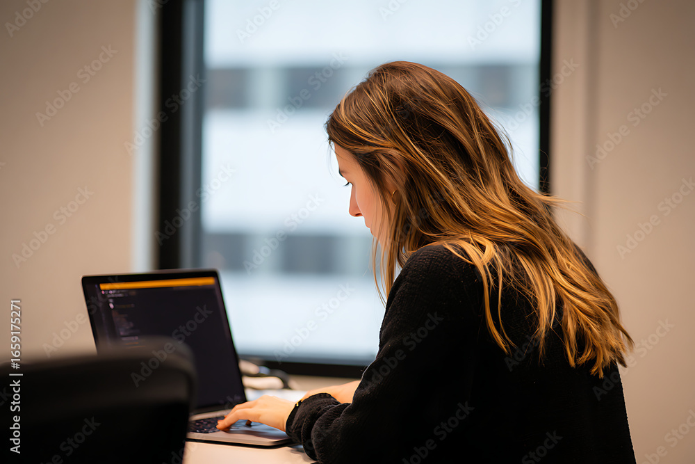 Aufkleber young programmer writing code on laptop in office by window