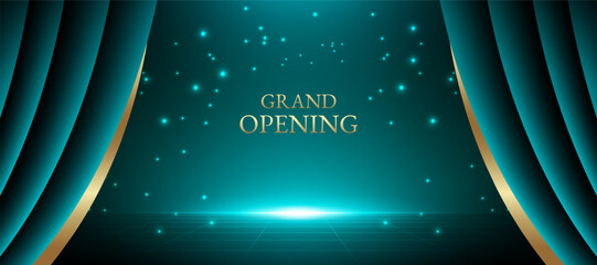 Grand opening stage background vector with teal and gold curved curtain and glowing lights. Perfect for show, theater display, movie premiere, concert banner, and celebration event