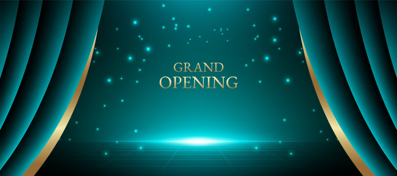 Grand opening stage background vector with teal and gold curved curtain and glowing lights. Perfect for show, theater display, movie premiere, concert banner, and celebration event