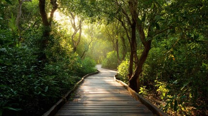 Forest Path: A wooden pathway invites exploration through a vibrant, sun-dappled forest, offering a sense of tranquility and connection with nature.