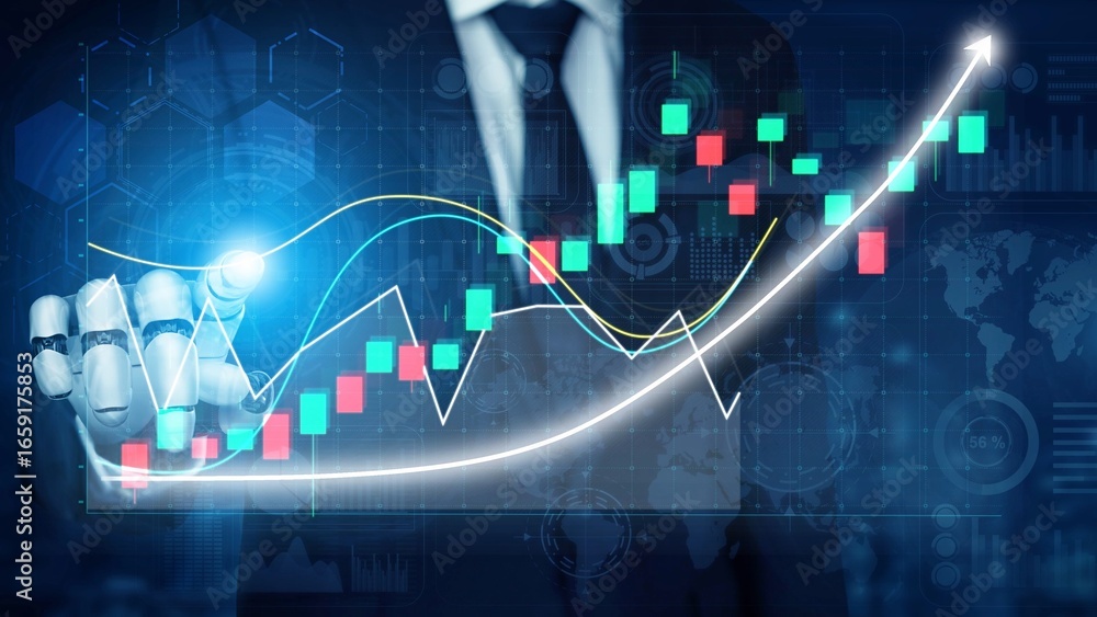 Poster a robotic hand showcases a dynamic financial graph, symbolizing the future of automated trading and 
