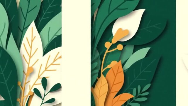 Stunning paper cut art featuring layered green, cream, and orange leaves and delicate floral elements, creating a serene and intricate botanical composition.