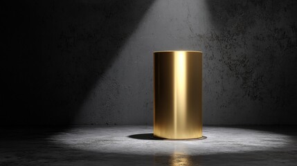 Illuminated Podium: A striking gold podium is illuminated by a single spotlight, casting dramatic shadows in a modern interior setting. A symbol of prestige, waiting for important presentation 