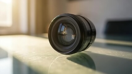 Close-up of a dark camera lens resting on a glass surface, bathed in soft sunlight.