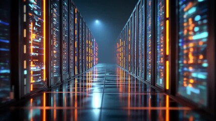 A futuristic data center, where glowing lines representing the internet network run along racks of servers. - Powered by Adobe