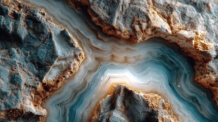 Close-up of a rock formation with layered, wavy patterns in blues, tans, and grays
