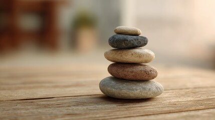 Tranquil Stack of Smooth Stones on a Wooden Surface Evoking Calmness and Serenity in Nature