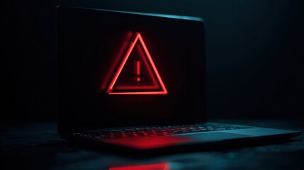 Cyber Alert: A digitally enhanced laptop displaying a neon warning triangle and exclamation point against a shadowy backdrop, signaling cyber threats and data security vulnerabilities.