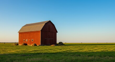 Red barn in a vast grassy field under a clear sky