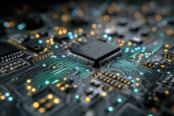 Central Processing Unit on Circuit Board with City Lights Background