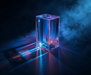 Abstract rectangular prism illuminated by vibrant neon blue and orange light, casting mesmerizing reflections and dynamic shadows on a smoky dark surface, evoking futuristic technology.