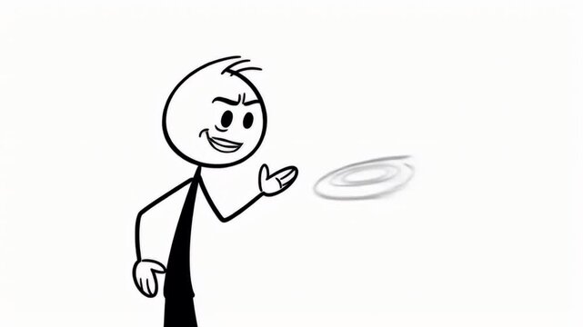 Animated Stick Figure Throwing Frisbee On Plain White Background Depicting A Simple Recreation Activity And Sportsmanship With Black Line Drawing Cartoon Style Stickman Animation