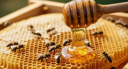 Golden Honey Dripping onto Honeycomb with Bees Close Up Natures Sweetness and Hardworking Insects Working Together for Delicious Honey Production