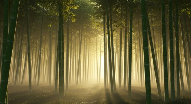 Misty bamboo forest at dawn. Sunlight streams through a dense bamboo grove