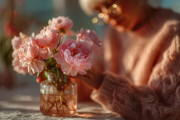 Woman arranging pink peonies in glass vase, sunlit outdoor cafe
