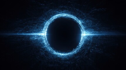 Celestial Portal: An otherworldly and evocative illustration of a celestial event horizon, its dark core framed by an ethereal ring of bright, electric blue energy that radiates outwards.