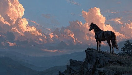 Majestic horse on mountain peak, dramatic sunset cloudscape