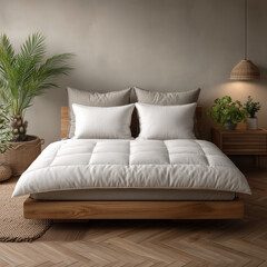A bedroom featuring a wooden platform bed with white duvet and pillows indoors