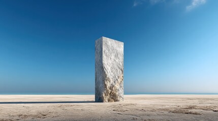 Geometric Stone Art: A solitary, textured stone sculpture stands majestically against a vivid backdrop of a calm sea and a clear, cerulean sky, inviting reflection and contemplation.