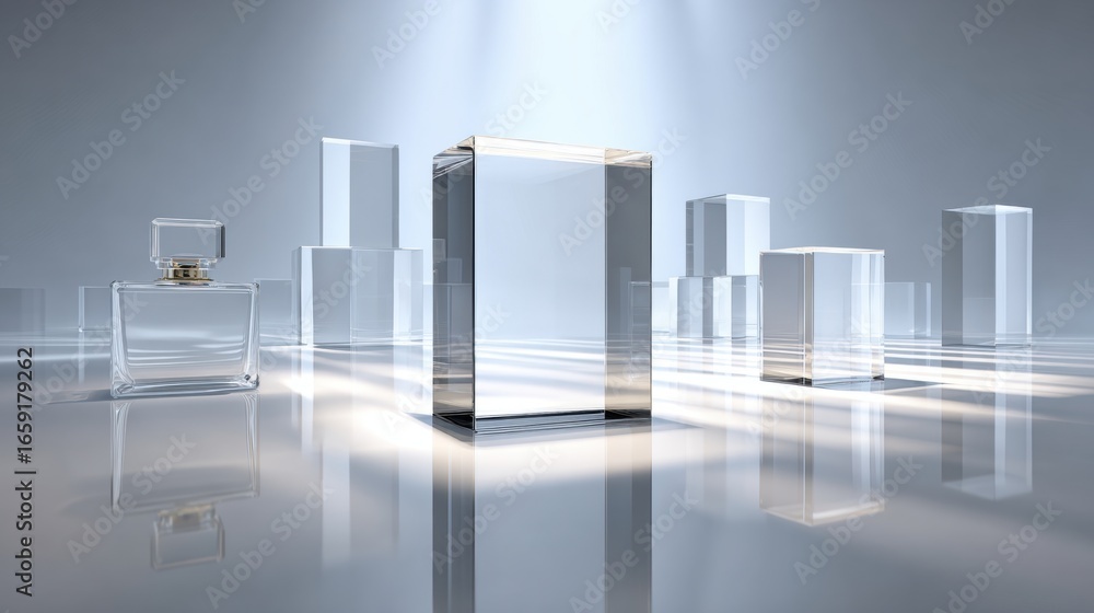 Poster Crystal Cubes in Spotlight: A collection of transparent crystal cubes stand illuminated on a reflective surface under a focused light source. This image conveys a sense of clarity, precision.