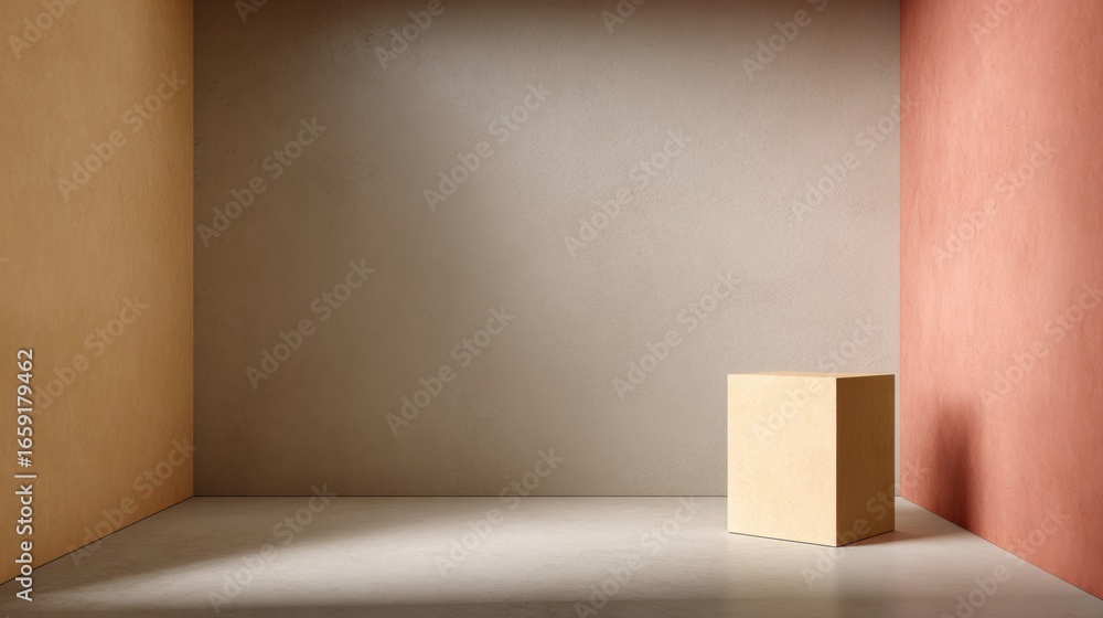 Poster box in the corner: minimalist composition featuring a solitary cube casting a dramatic shadow within