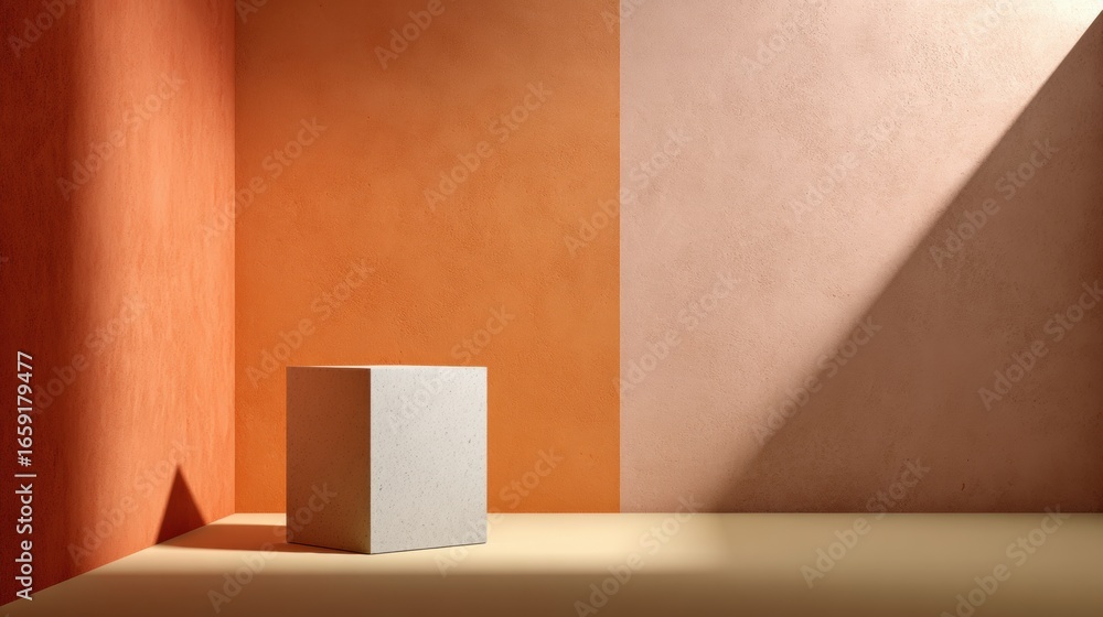 Poster geometric cube in a colorful interior: a pristine white cube sits in a creatively lit interior space