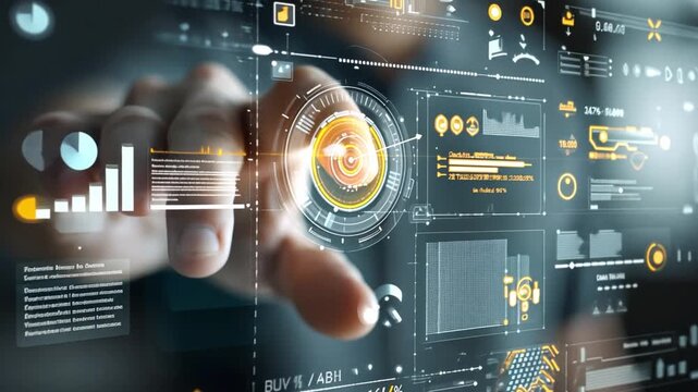 A hand interacting with a transparent holographic touchscreen interface, digital data and icons dynamically responding to touch.