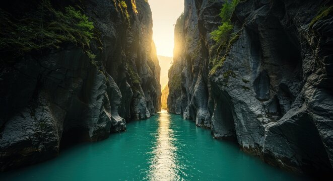 Stunning turquoise river winding through a deep, rocky canyon with sun shining in the distance