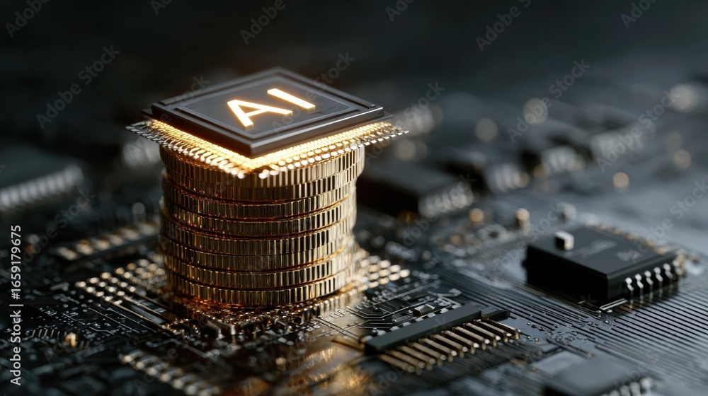 Aufkleber the ai chip: a detailed shot of a futuristic circuit board with a glowing 'ai' chip at the core, ref