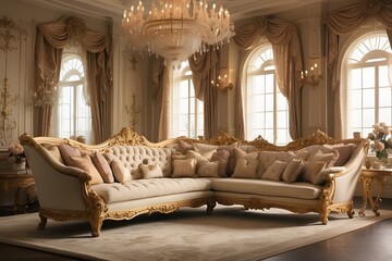 Fototapeta premium Luxurious Baroque Living Room with Golden Furniture and Chandelier.