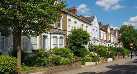 Fototapeta premium Row houses, various painted facades, brick detail, greenery, and sidewalk under bright sky