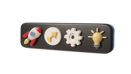 3D Startup Icons Set Rocket Arrow Gear and Lightbulb on transparent background on white background