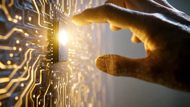 A human hand with anatomically correct fingers, reaching out to touch a large, glowing circuit board on a wall.